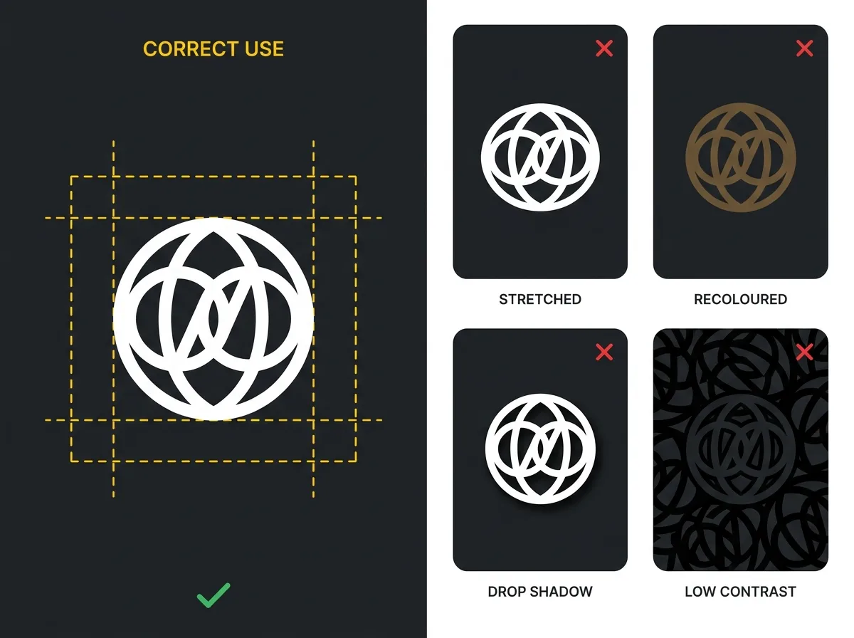 Split panel showing correct logo placement alongside four labelled incorrect logo uses