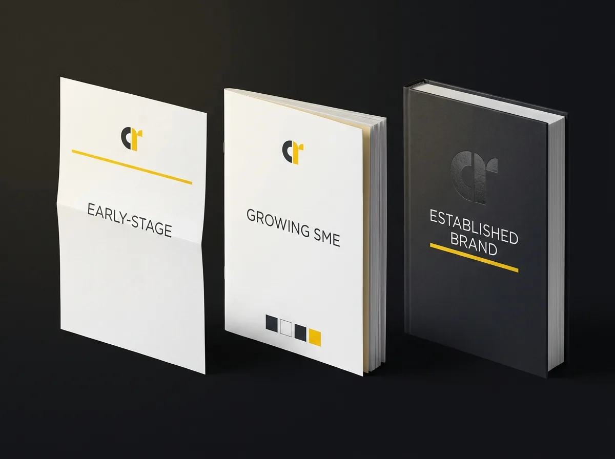 Three brand guidelines documents showing different depth levels from one-pager to full manual