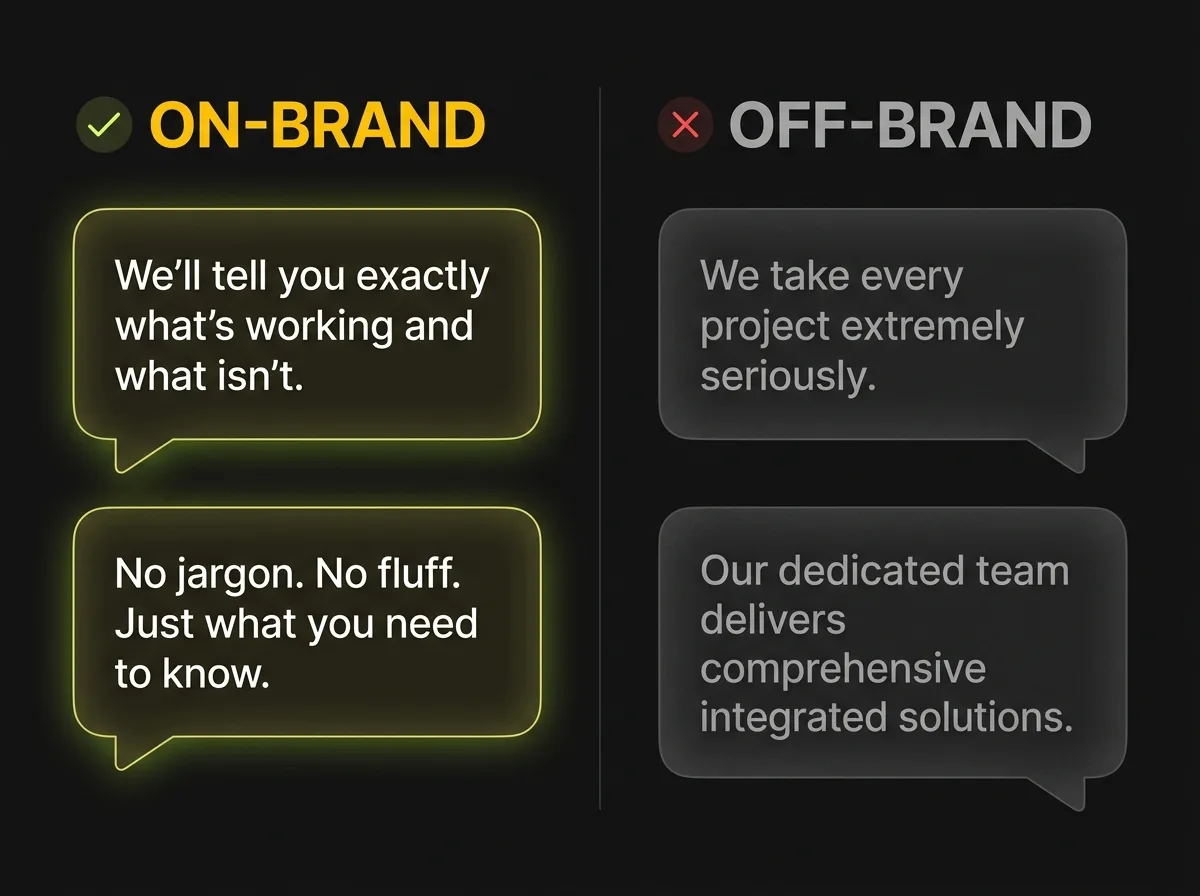 Two columns comparing on-brand and off-brand versions of the same message