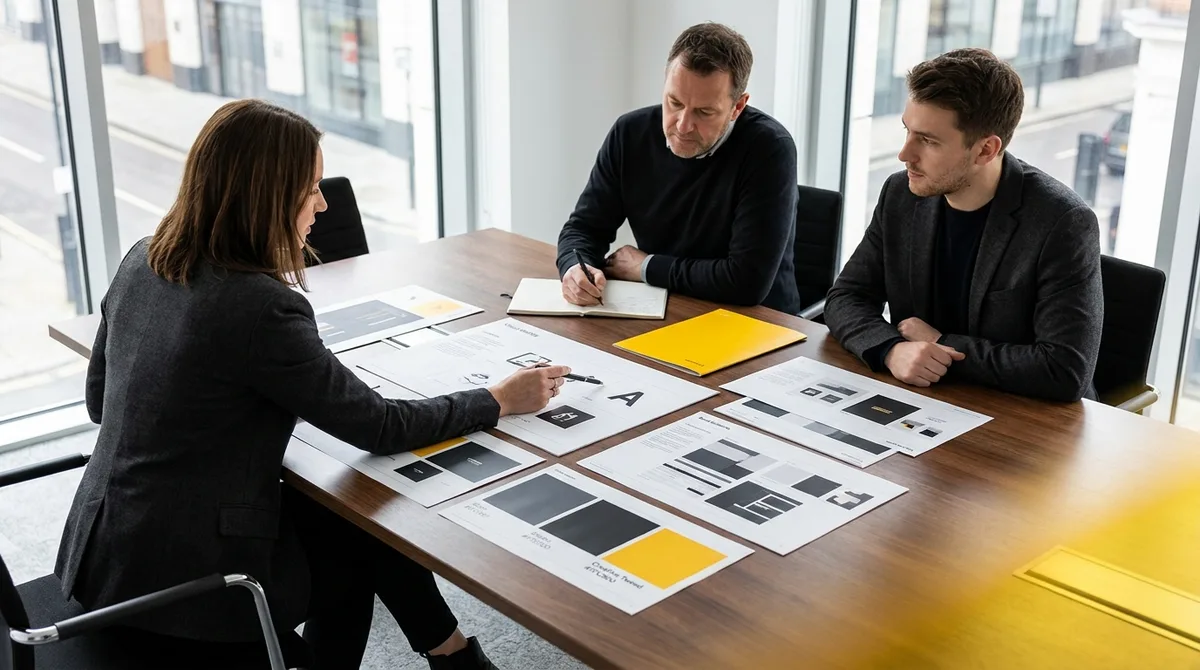 UK SME team reviewing brand identity documents covering the six prism facets