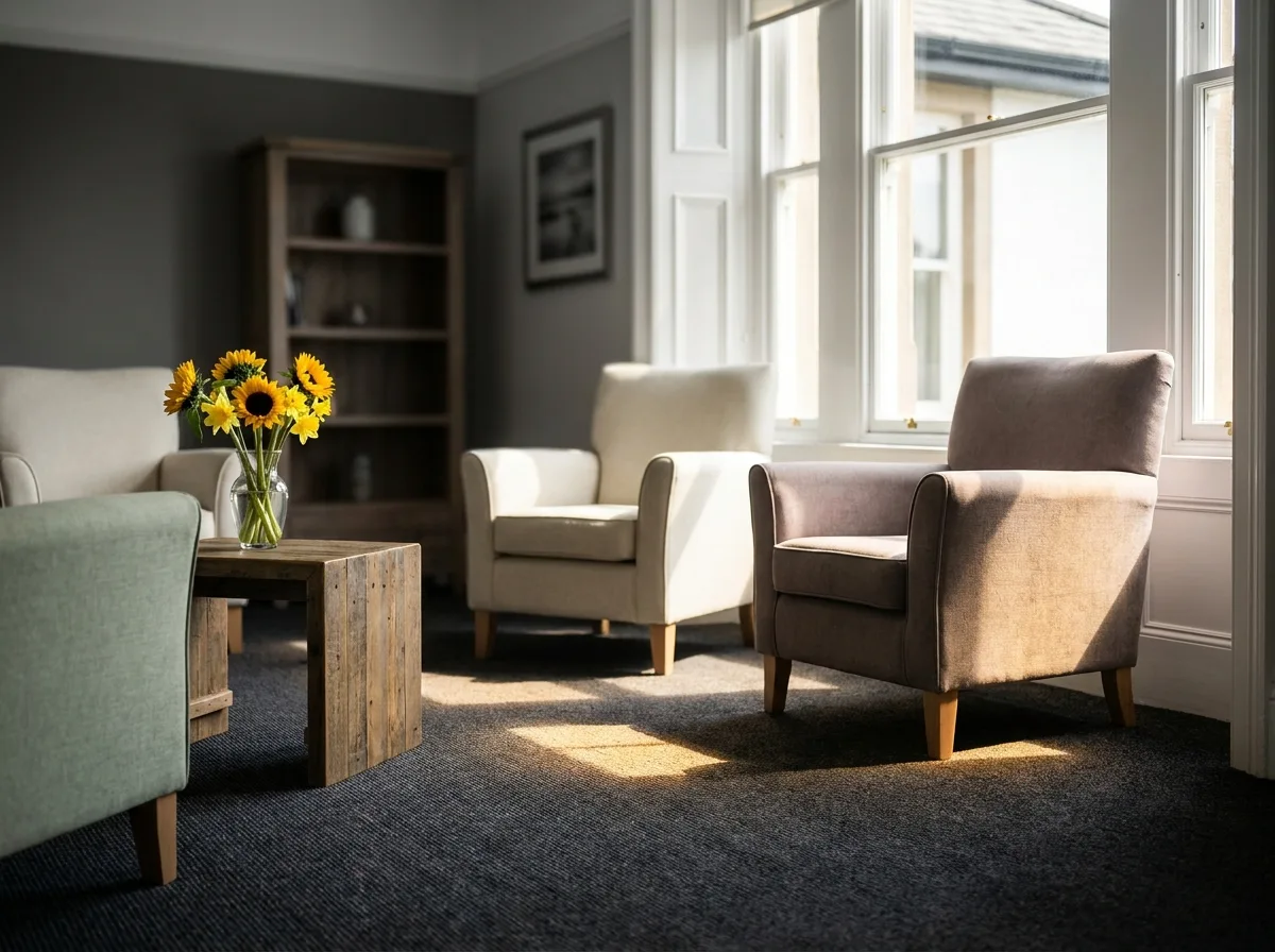 Bright care home lounge interior with comfortable armchairs and fresh flowers in warm afternoon light