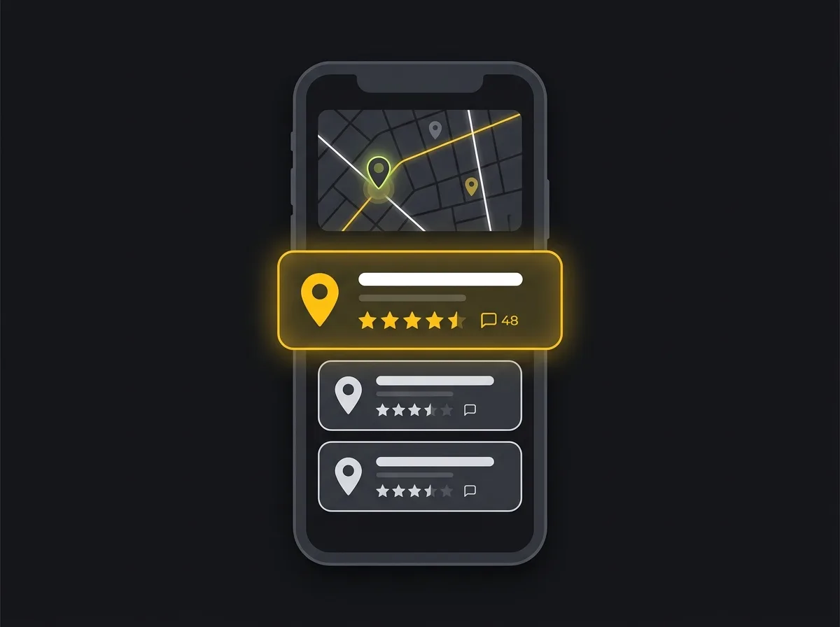 Stylised Google map pack on a mobile screen showing three care home listings with star ratings