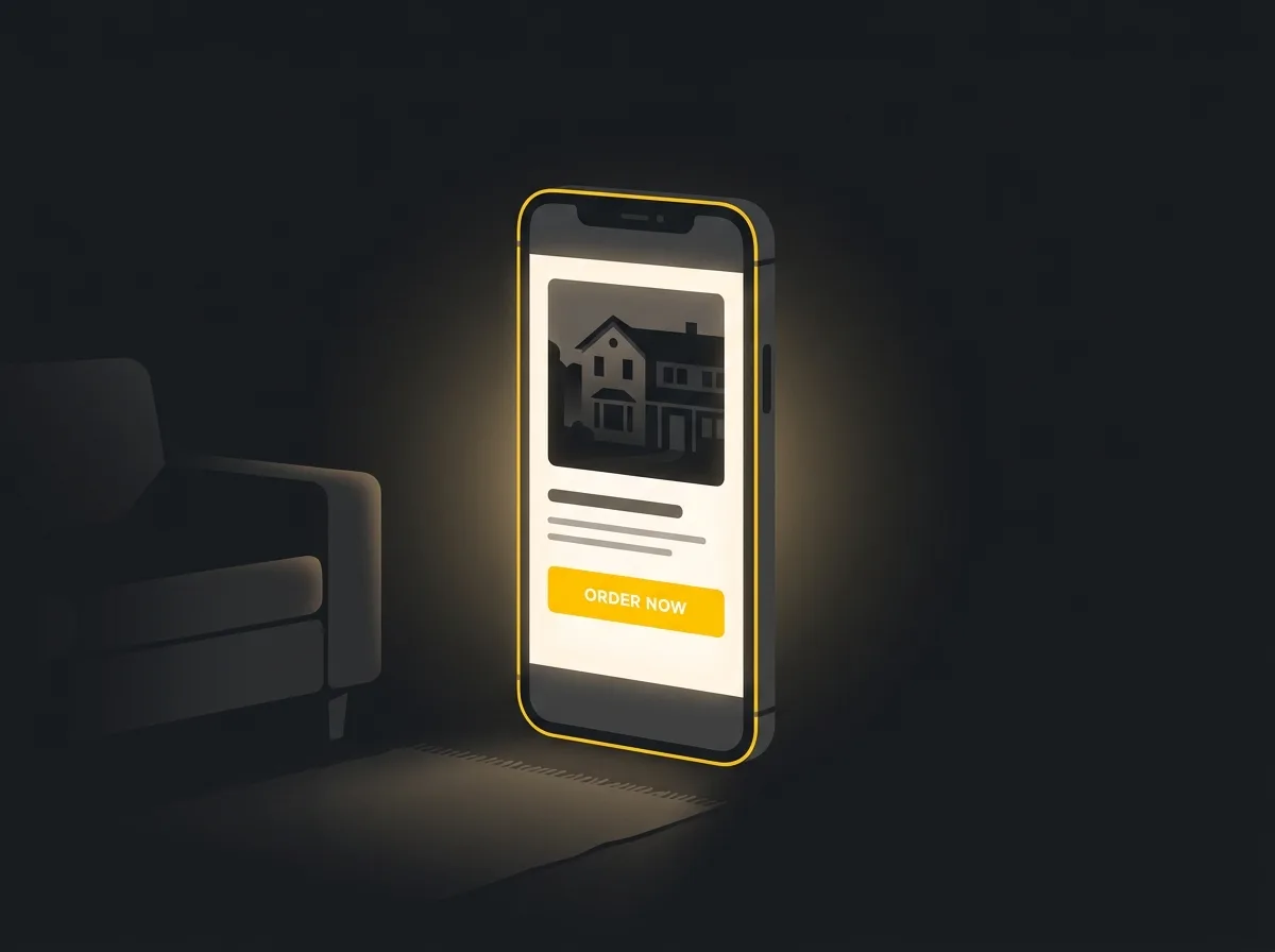 Stylised illustration of a smartphone showing a care home website glowing in a dark domestic room at night