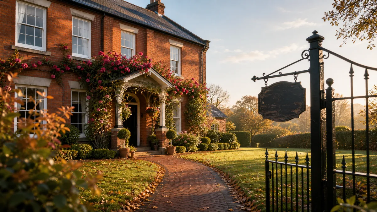 Well-maintained UK care home exterior with manicured front garden and climbing roses on a bright morning