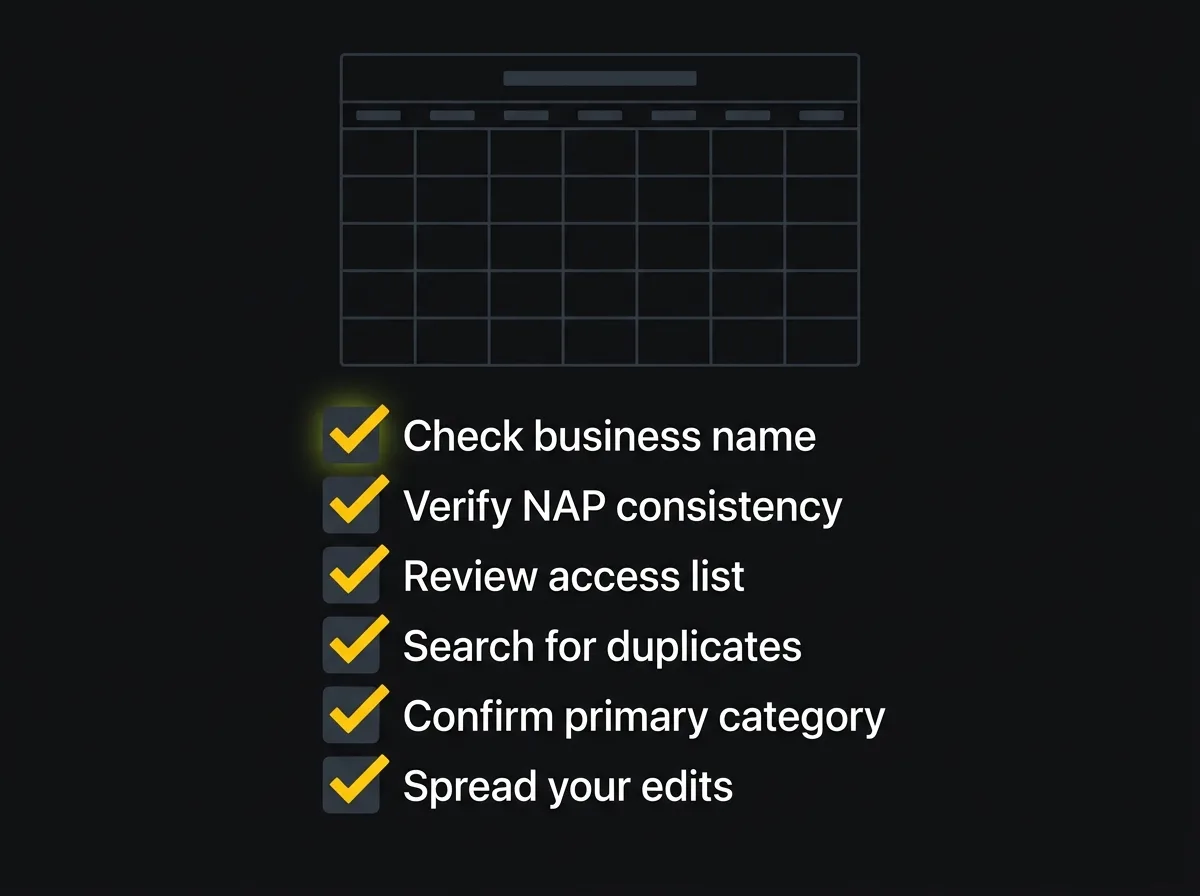 Illustrated monthly calendar showing six Google Business Profile maintenance checklist items ticked off