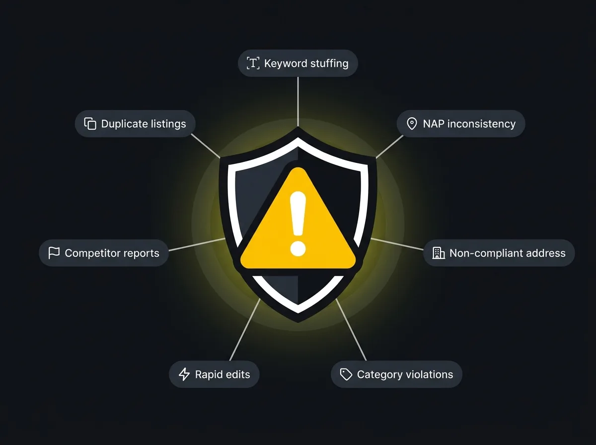 Infographic showing seven common causes of Google Business Profile suspension branching from a central shield