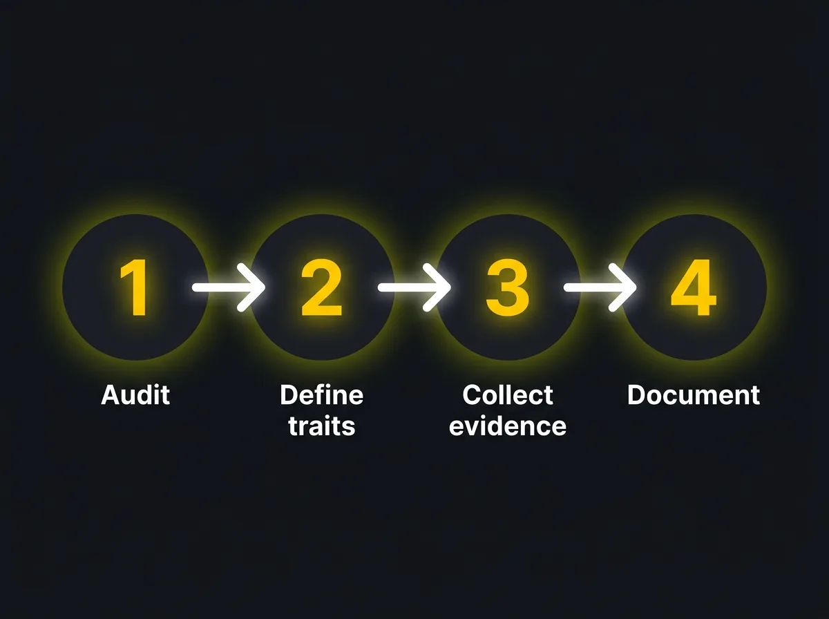 Horizontal four-step brand voice definition process diagram: audit, define traits, collect evidence, document