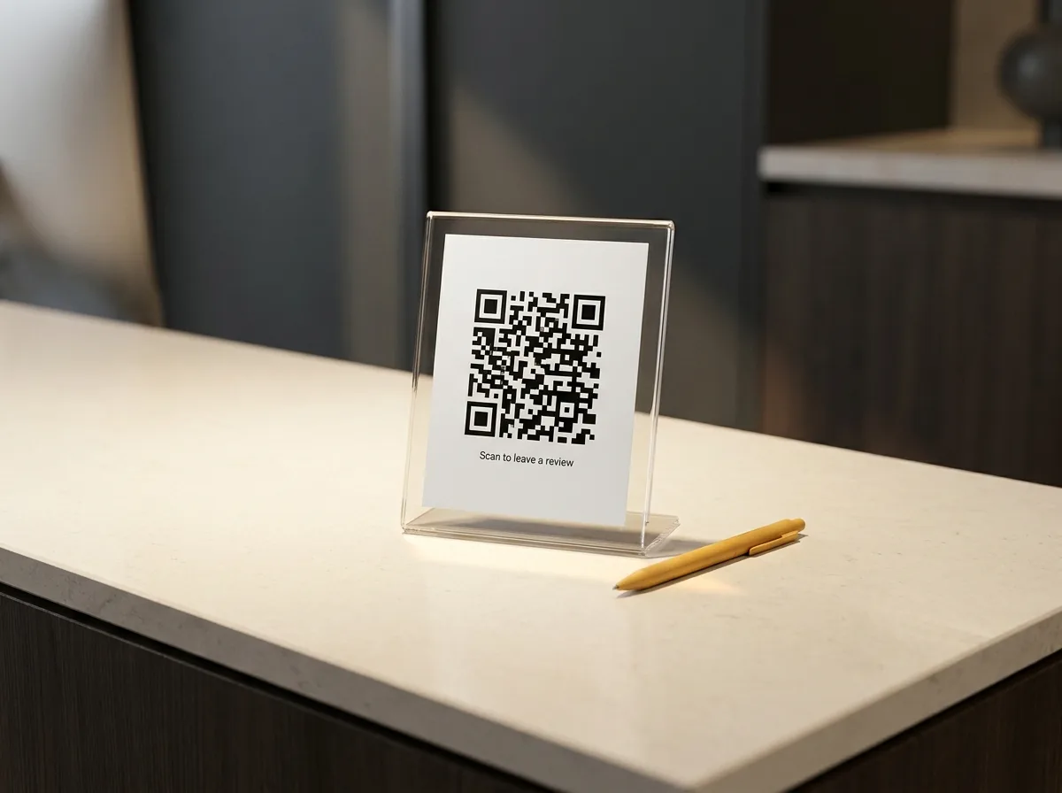 QR code stand on a service business reception counter