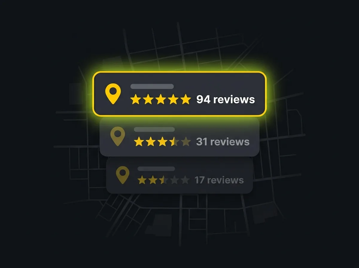 Stylised Google local map pack showing three business listings with differing review counts