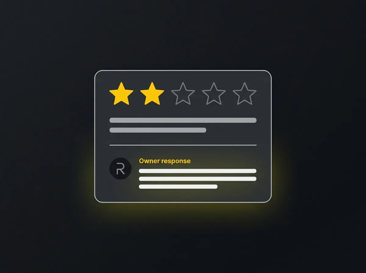 Stylised two-star review card with a professional business response below it