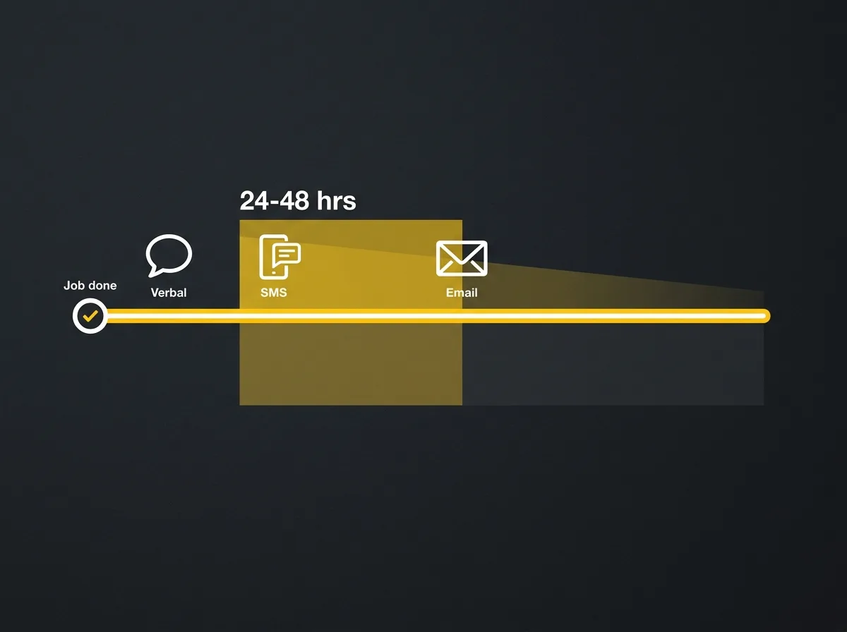 Timeline showing optimal review request timing across verbal, SMS, and email channels