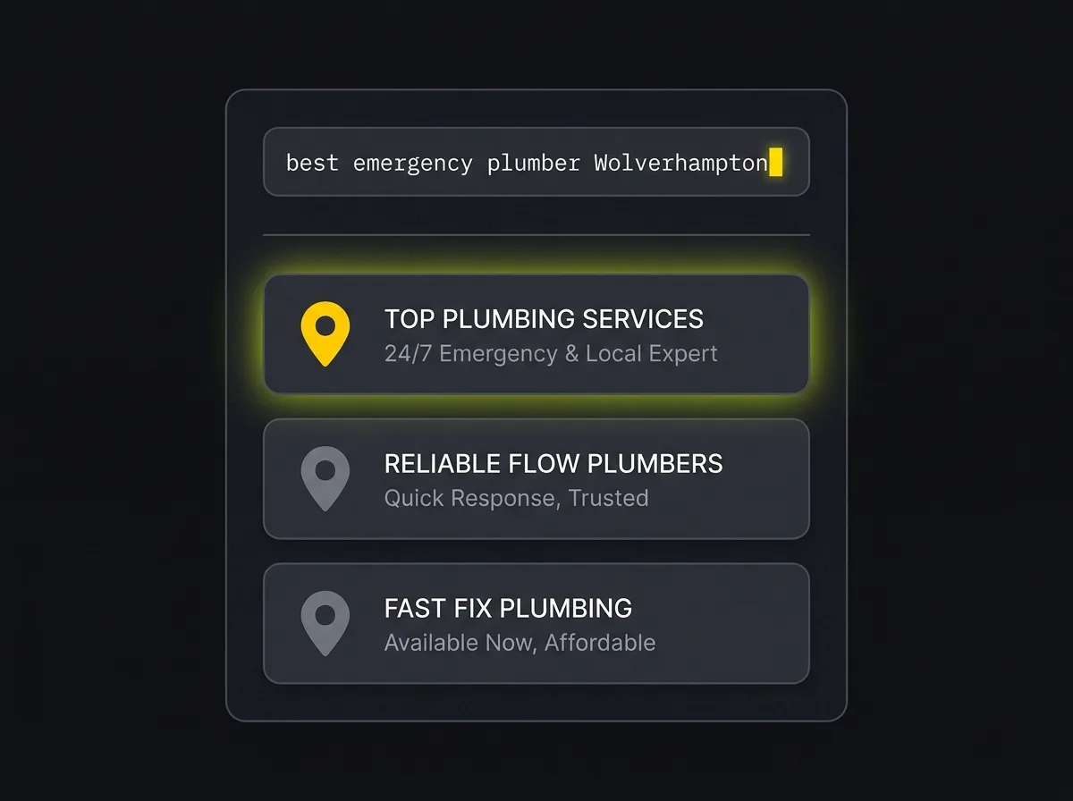 Stylised AI chat interface showing local business recommendations in response to a service query