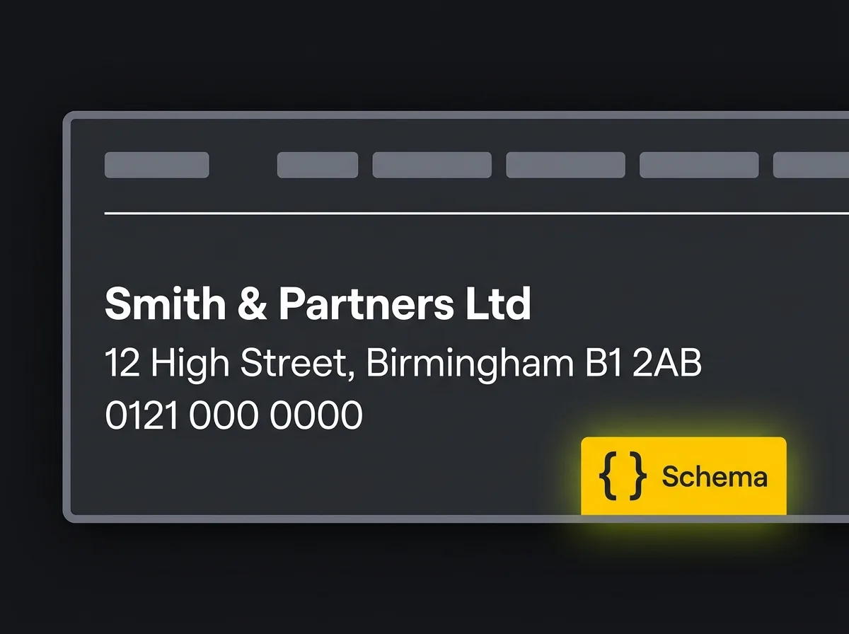Stylised website footer with NAP details and a highlighted LocalBusiness schema markup badge