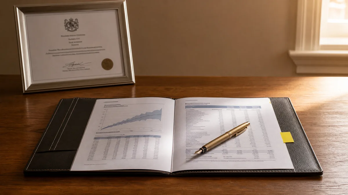 Financial planning documents and FCA authorisation certificate on a polished hardwood desk