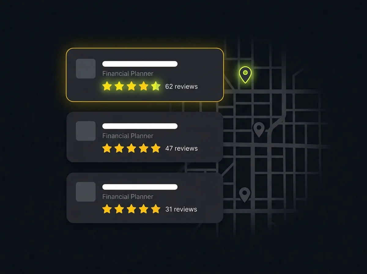 Stylised Google local map pack showing three financial advisor listings with star ratings and review counts