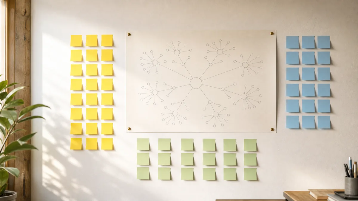 Colour-coded content cluster map pinned to a studio planning wall with sticky note annotations