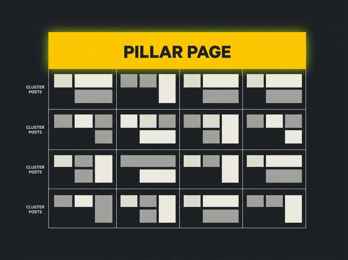 Content calendar wireframe with pillar page at the top row and cluster posts scheduled in the weeks below