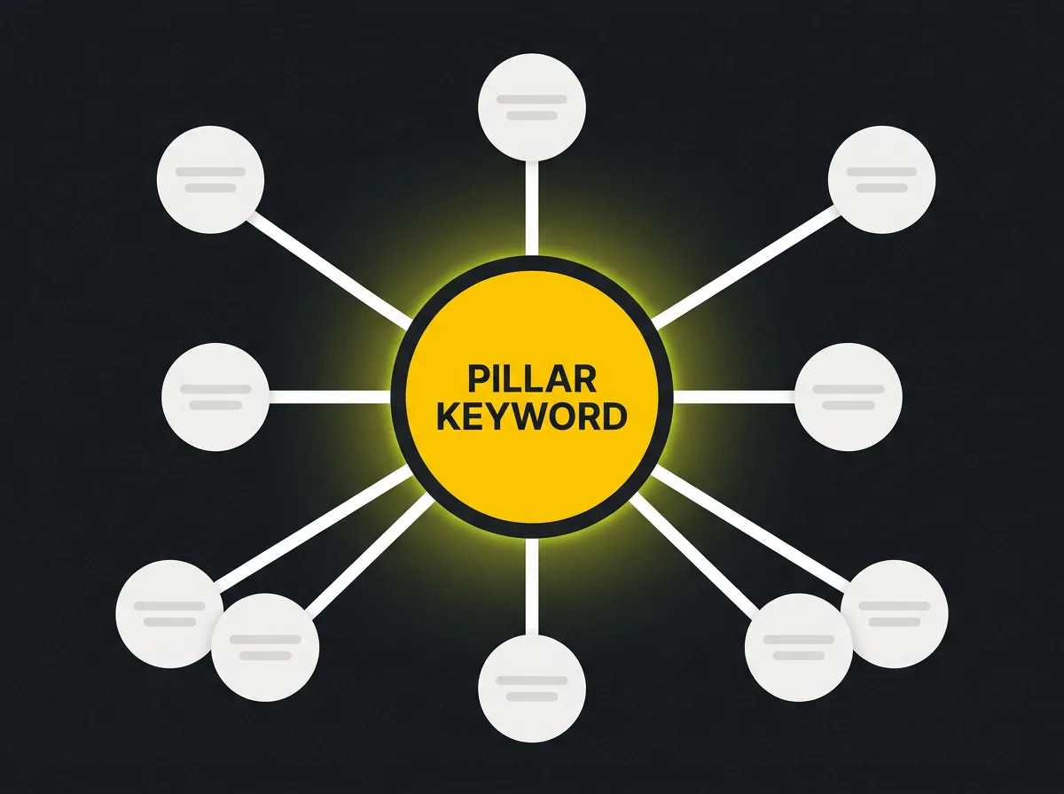 Hub-and-spoke keyword cluster diagram showing a central pillar keyword with eight supporting cluster terms