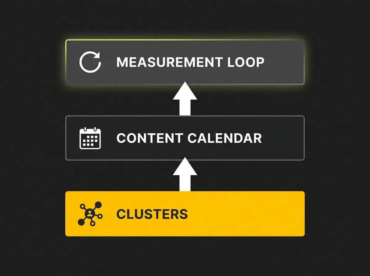 Three-layer compound content system diagram showing clusters, calendar, and measurement loop