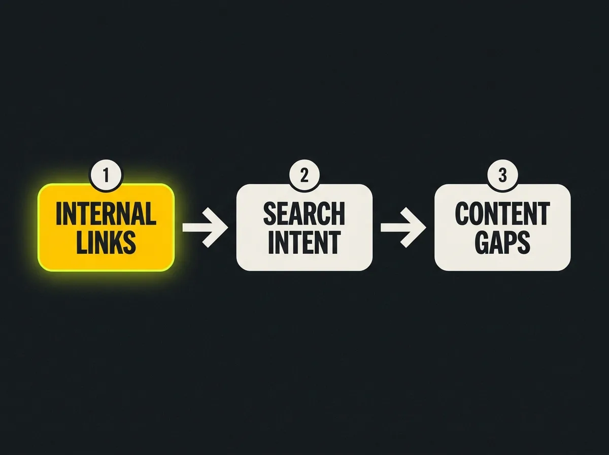 Three-step diagnostic flowchart for identifying why SEO content compounding has stalled
