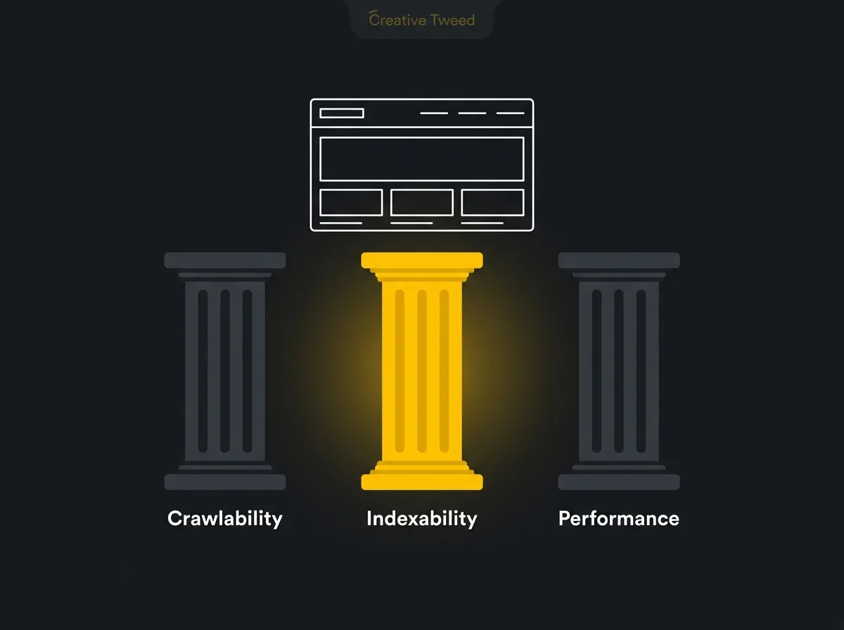 Diagram showing the three pillars of technical SEO: crawlability, indexability, and performance