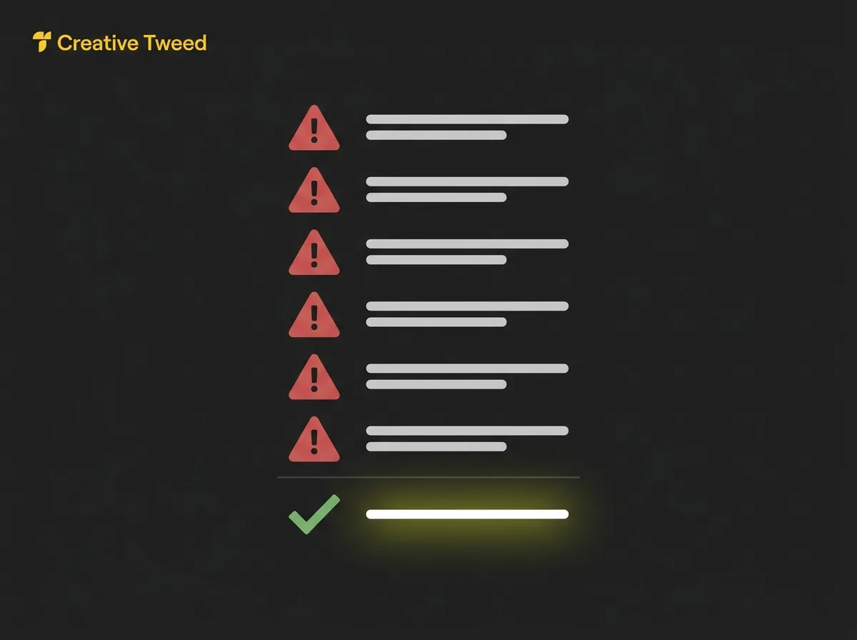 Stylised agency evaluation checklist showing six red flags and one green flag
