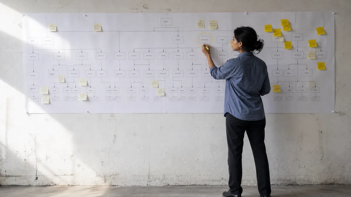 Web developer reviewing a printed site crawl map on a studio wall