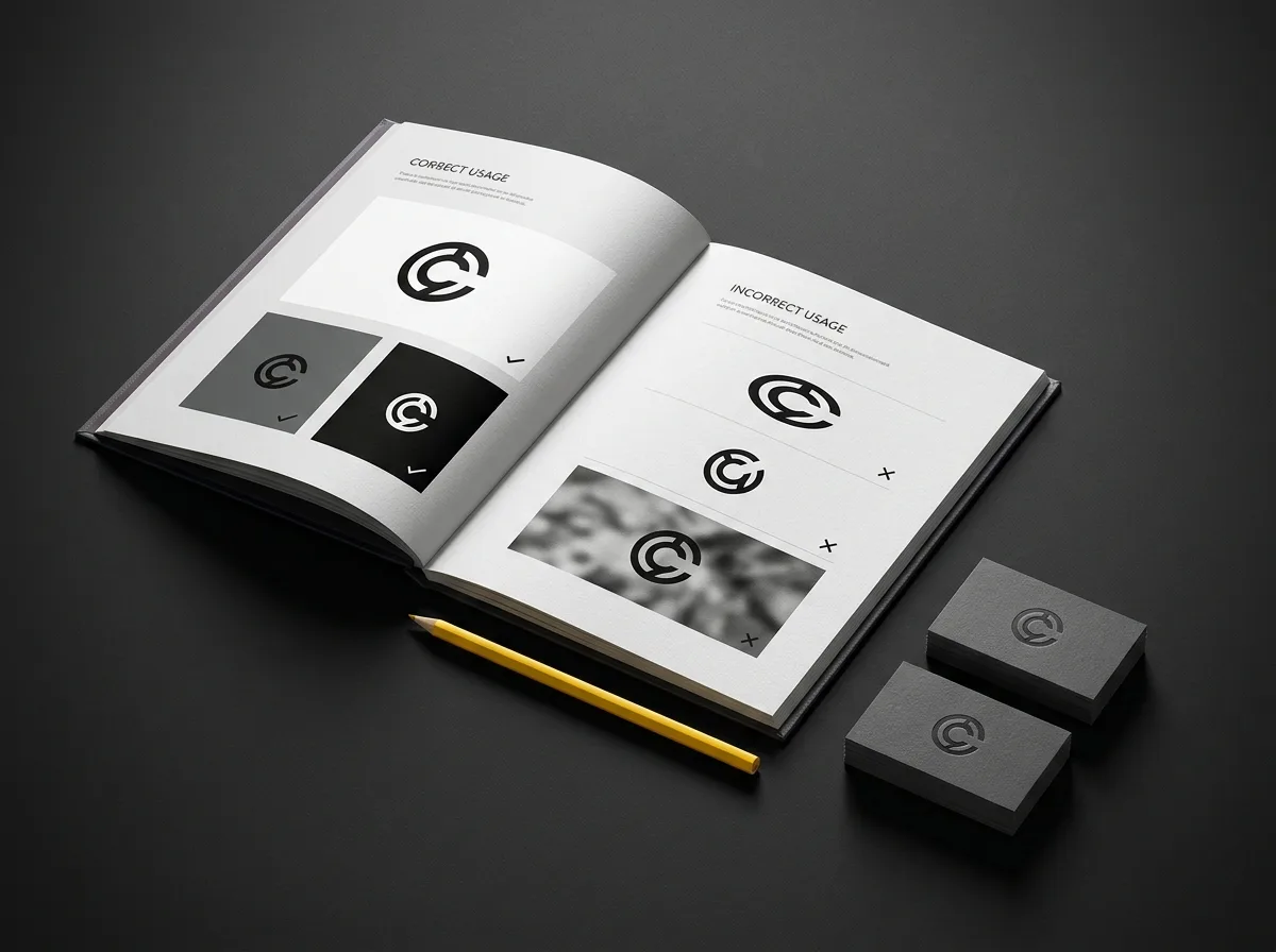 Brand guidelines booklet open to a logo usage page showing correct and incorrect applications beside a stack of business cards