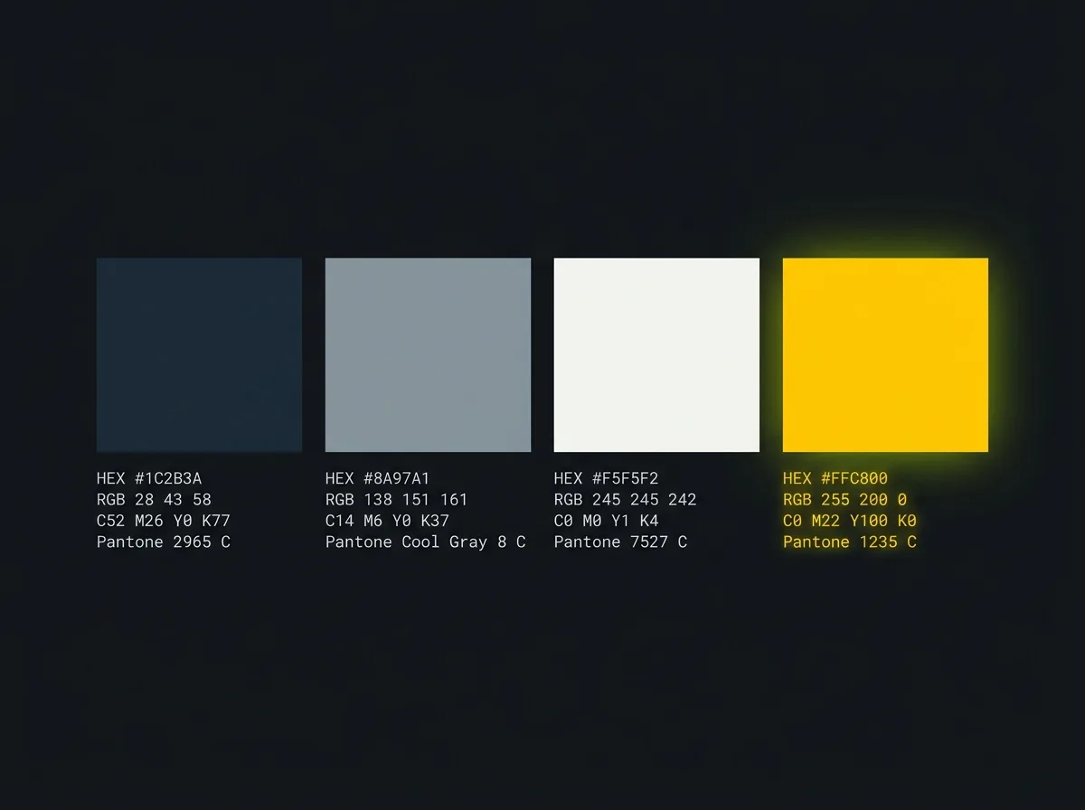 Four brand colour swatches each labelled with HEX, RGB, CMYK, and Pantone specification values