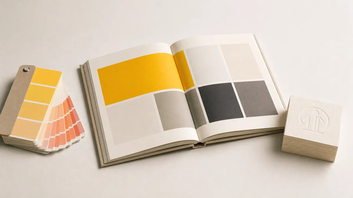 Open brand guidelines booklet beside Pantone swatches and embossed business cards on a white surface