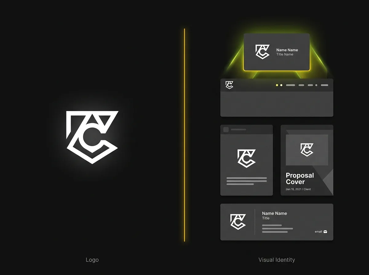 Split illustration comparing a single logo mark versus the same brand applied across six touchpoints