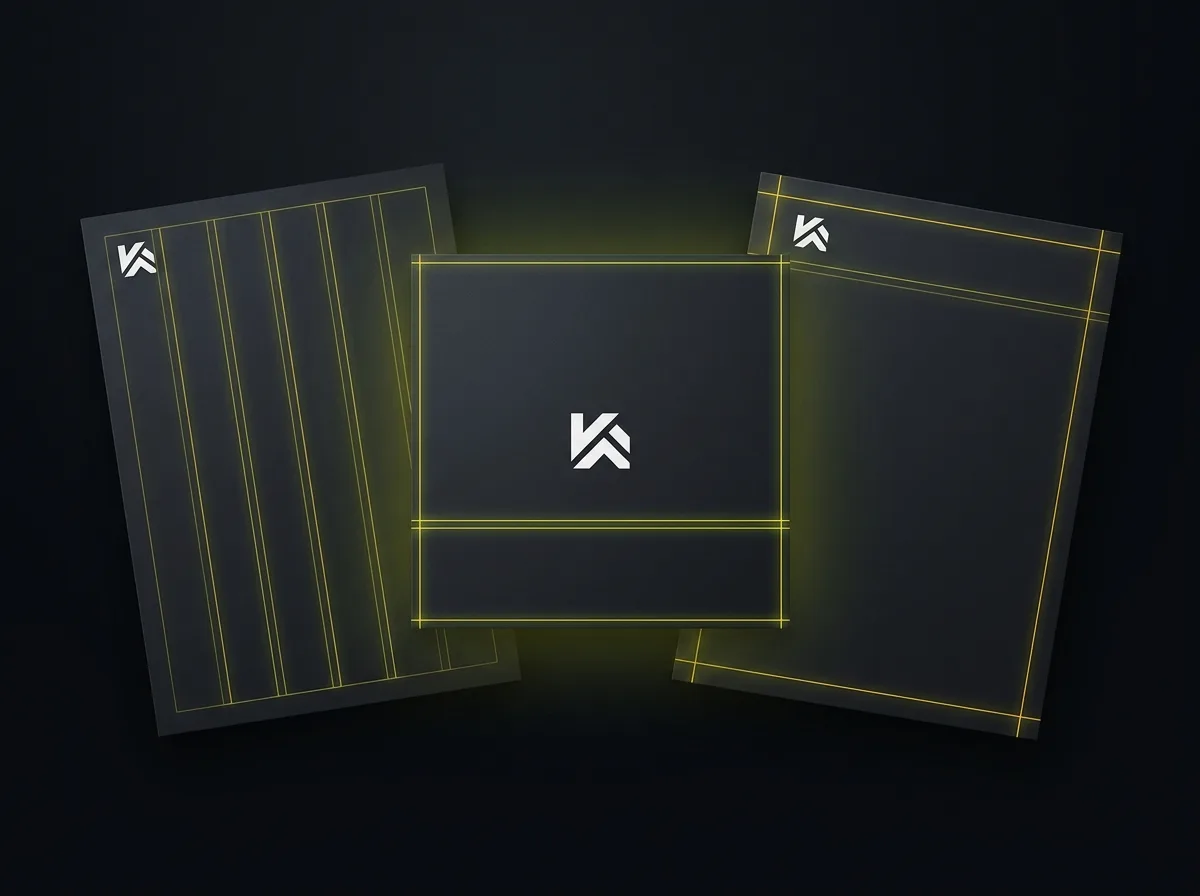 Three branded document templates showing consistent grid lines, margin marks, and layout structure