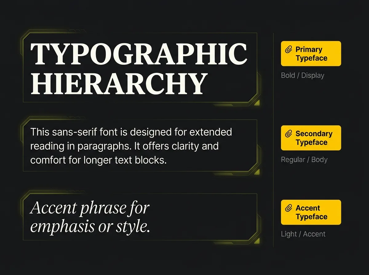 Typography hierarchy diagram showing primary headline, secondary body, and accent typefaces with weight and size labels