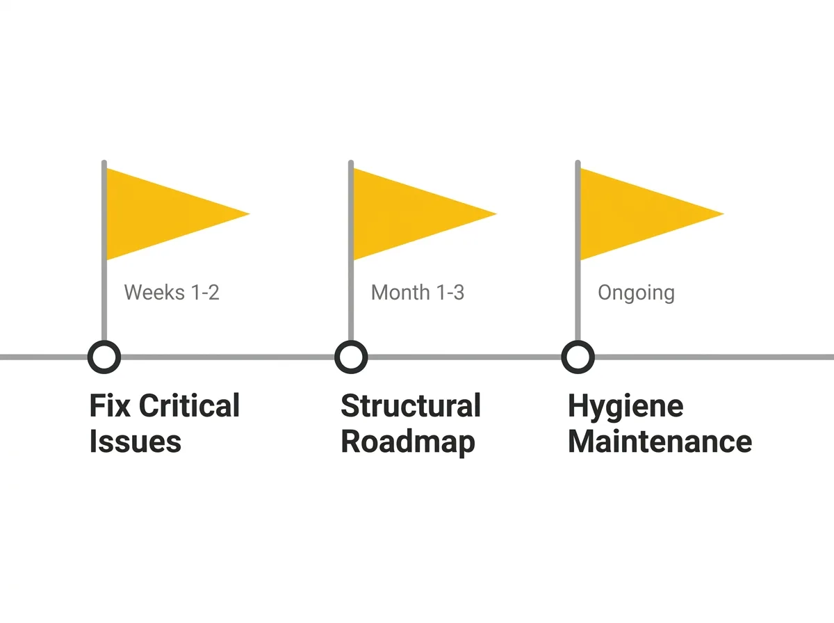 Implementation roadmap with three phases: fix critical issues, structural improvements, and ongoing maintenance