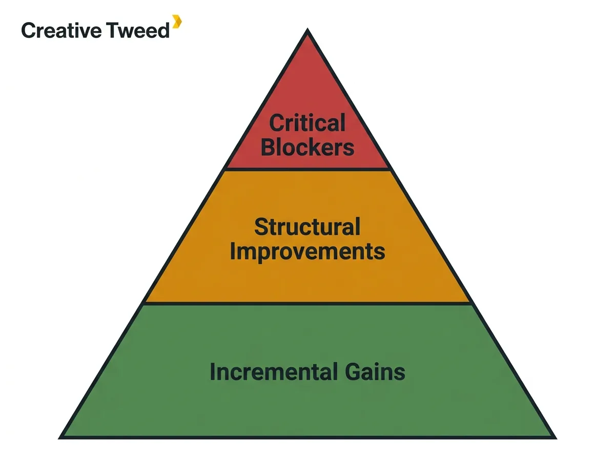 Priority pyramid with three tiers of SEO audit findings from critical blockers to incremental gains
