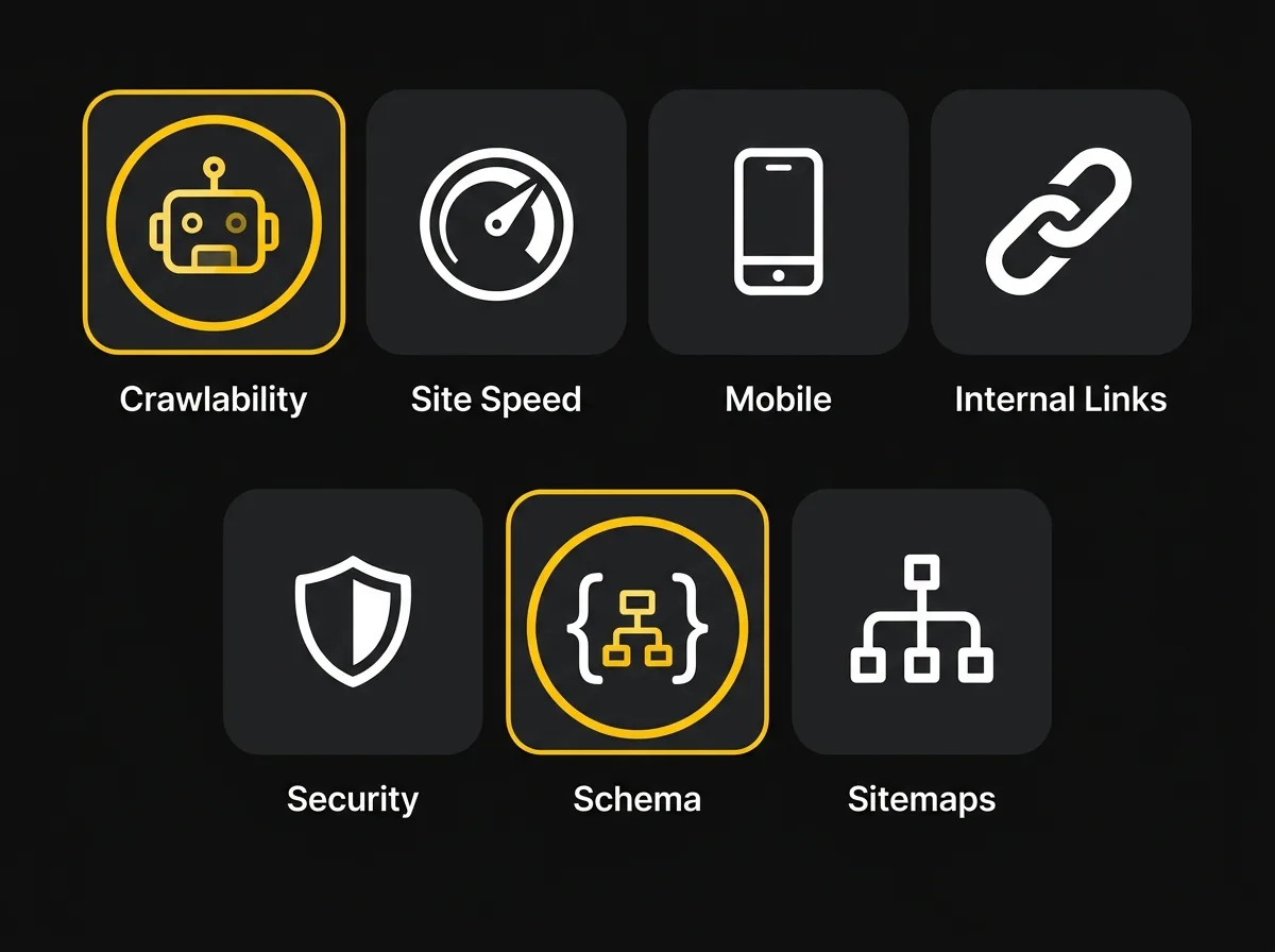 Seven technical SEO audit category icons covering crawlability, speed, mobile, links, security, schema, and sitemaps