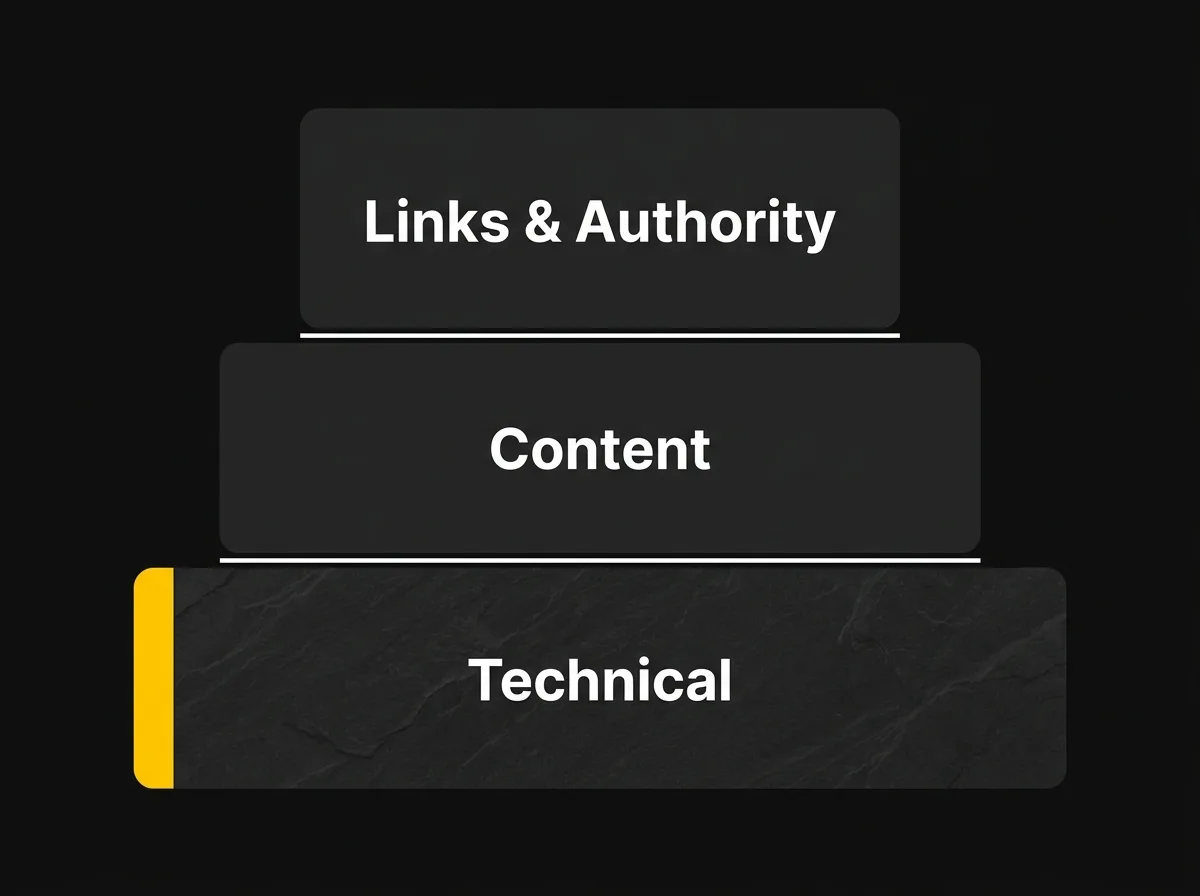 Three-layer diagram showing Technical as the foundation beneath Content and Links