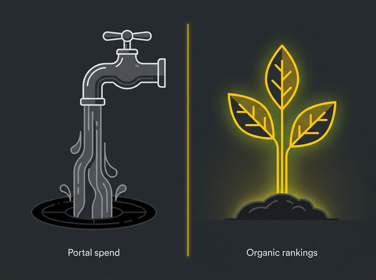 Illustration comparing rented portal visibility with compounding organic search rankings