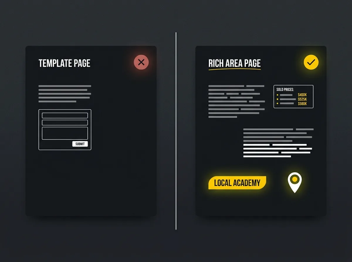 Split screen comparing a thin estate agent area page with a detailed market-commentary page