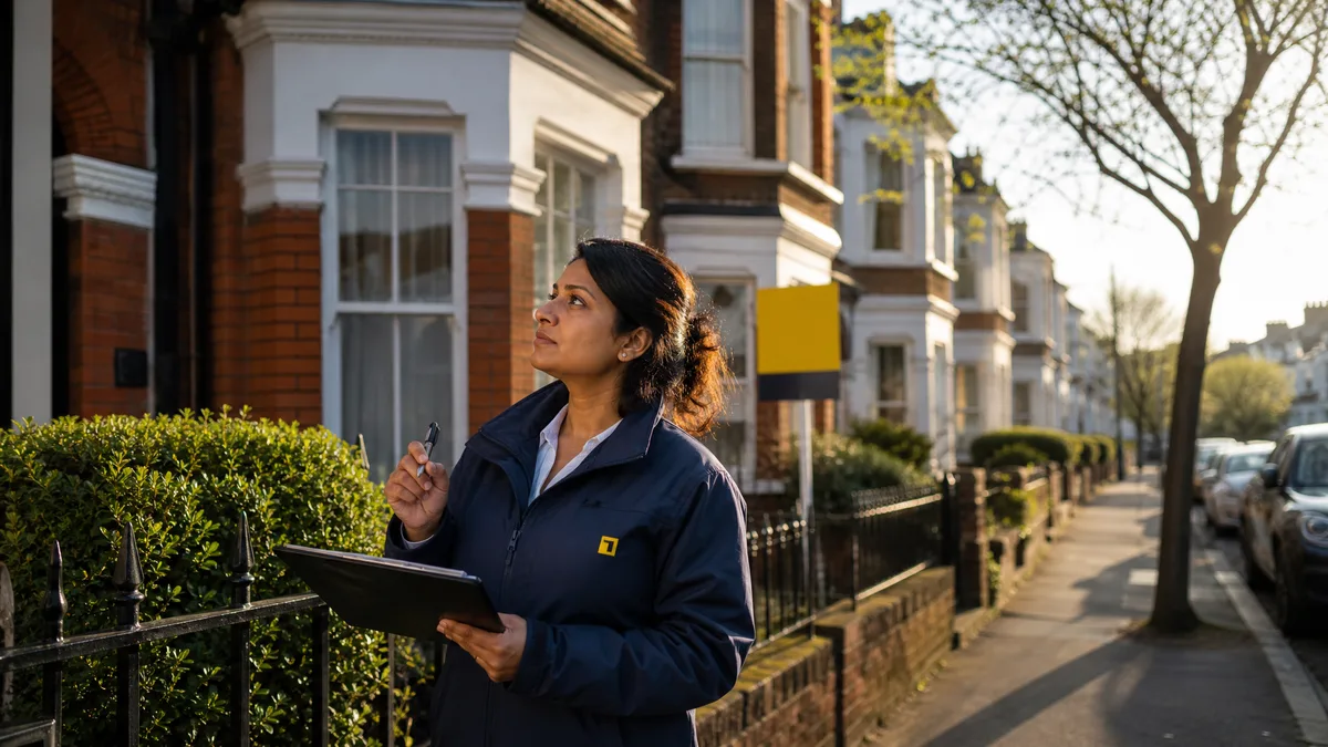 UK estate agent conducting a kerb assessment outside a residential terrace