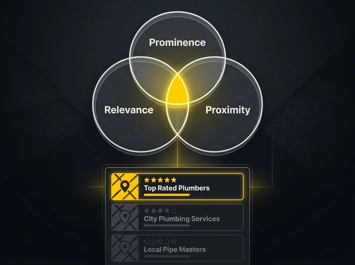 Diagram showing relevance, proximity and prominence as the three local ranking factors above a map pack
