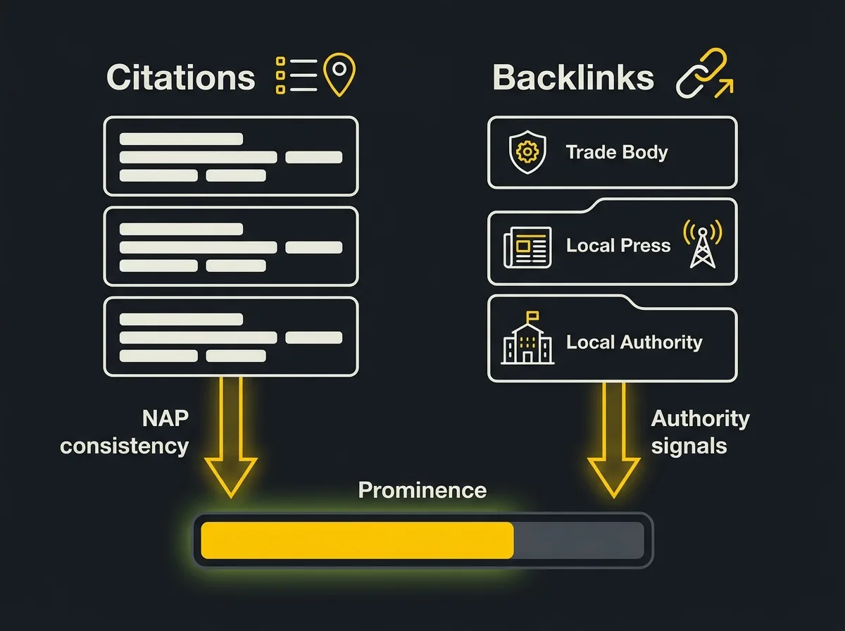 Illustration showing citations and backlinks as separate inputs into local SEO prominence