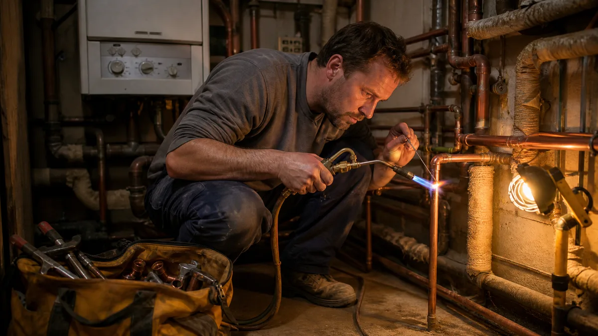 Plumber soldering copper pipework in the plant room of an older UK terraced property