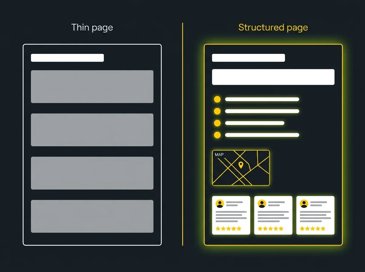 Side-by-side wireframe comparison of a thin versus well-structured plumber location page