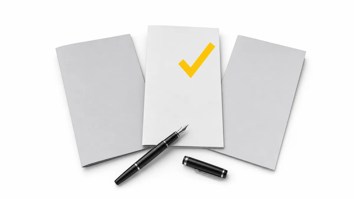 Stylised shortlist of three agency proposals with one marked with a yellow tick and a fountain pen