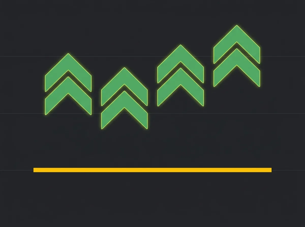 Green upward metric arrows above a flat revenue line