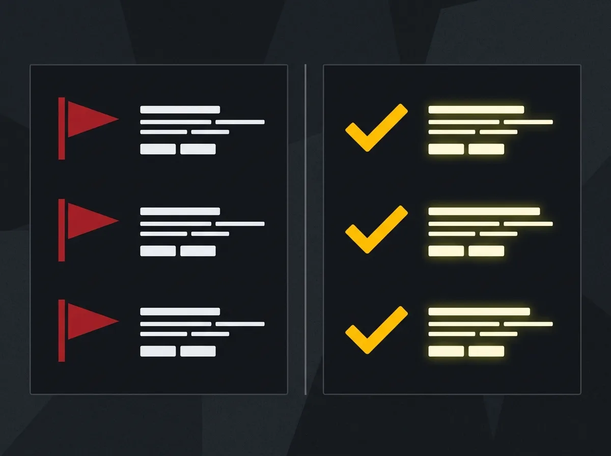 Split checklist showing red flags versus green ticks in a monthly report
