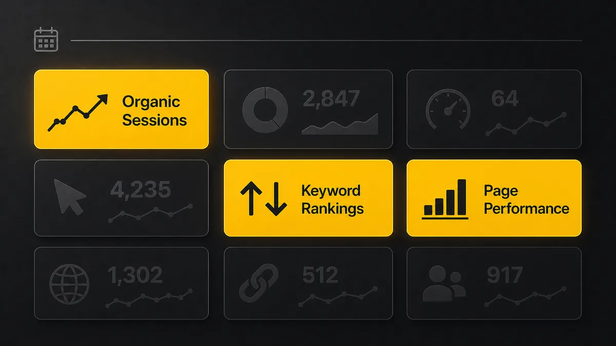 Stylised SEO report with key metrics highlighted in yellow