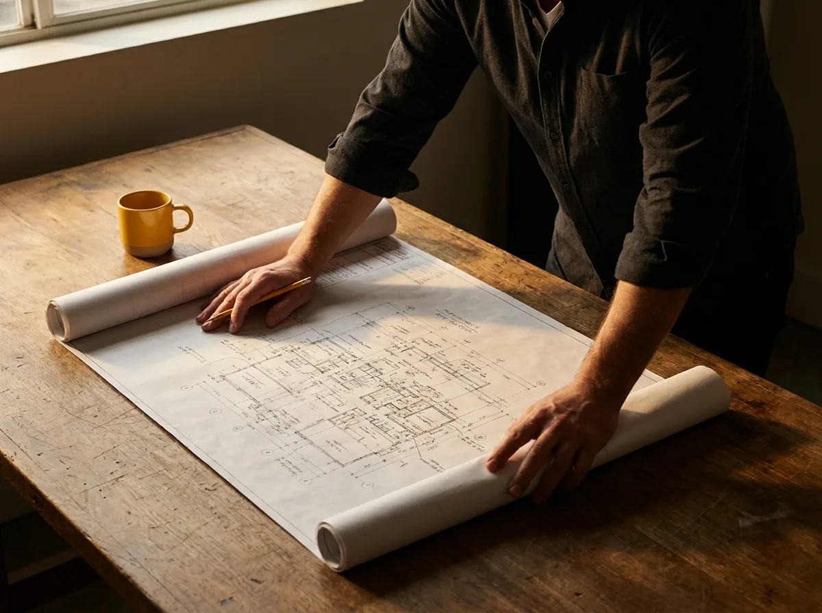 Architect unrolling a detailed blueprint on a wooden studio table in warm morning light