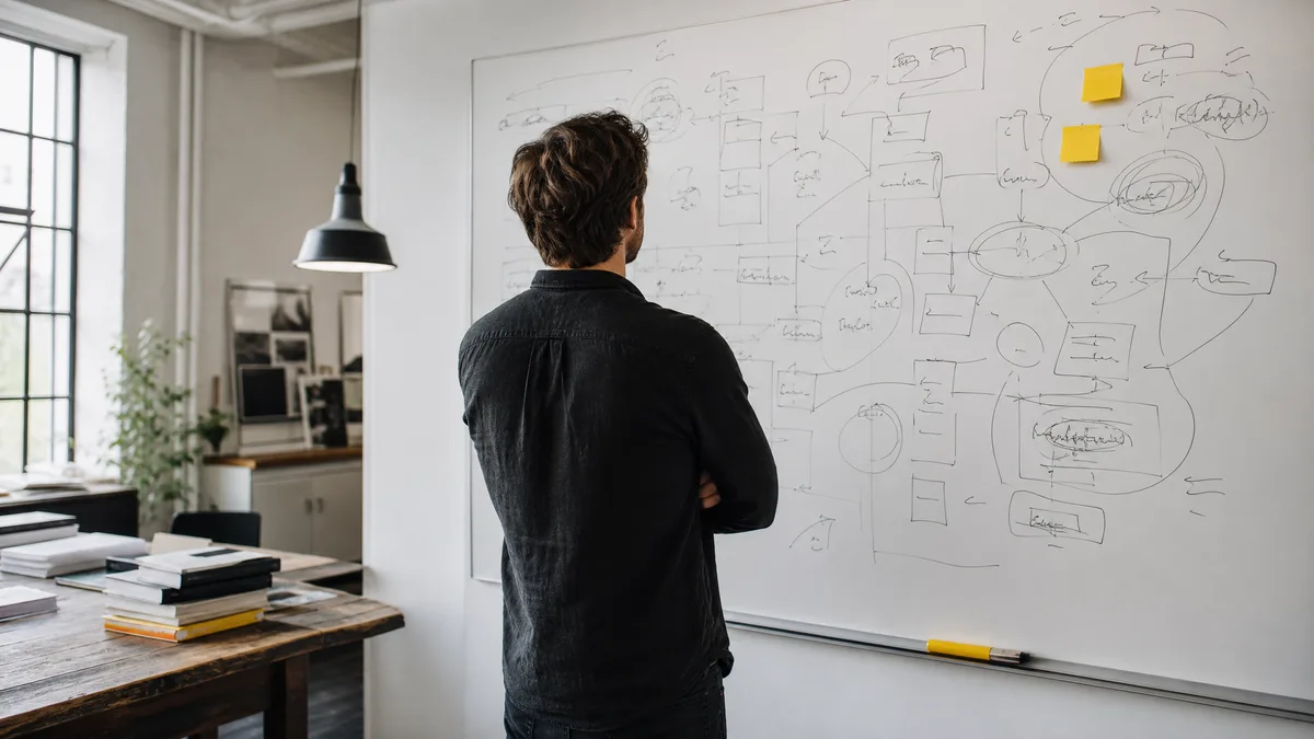Brand strategist studying a positioning framework on a whiteboard in a bright agency studio